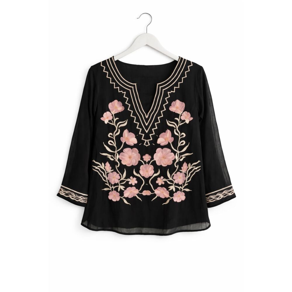 7 Avenue New York & Co Black Mesh Floral Embroidered V-Neck Blouse Top Size S